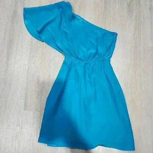 Alex Lane Womens Silk Satin One Shoulder Shirred Mini Dress Blue Size Small